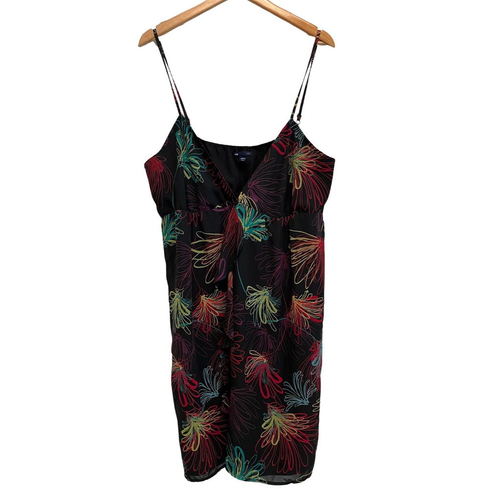 Gap Mini Dress Black Abstract Floral Adjustable Straps Ruffle Beachy‎ XXL